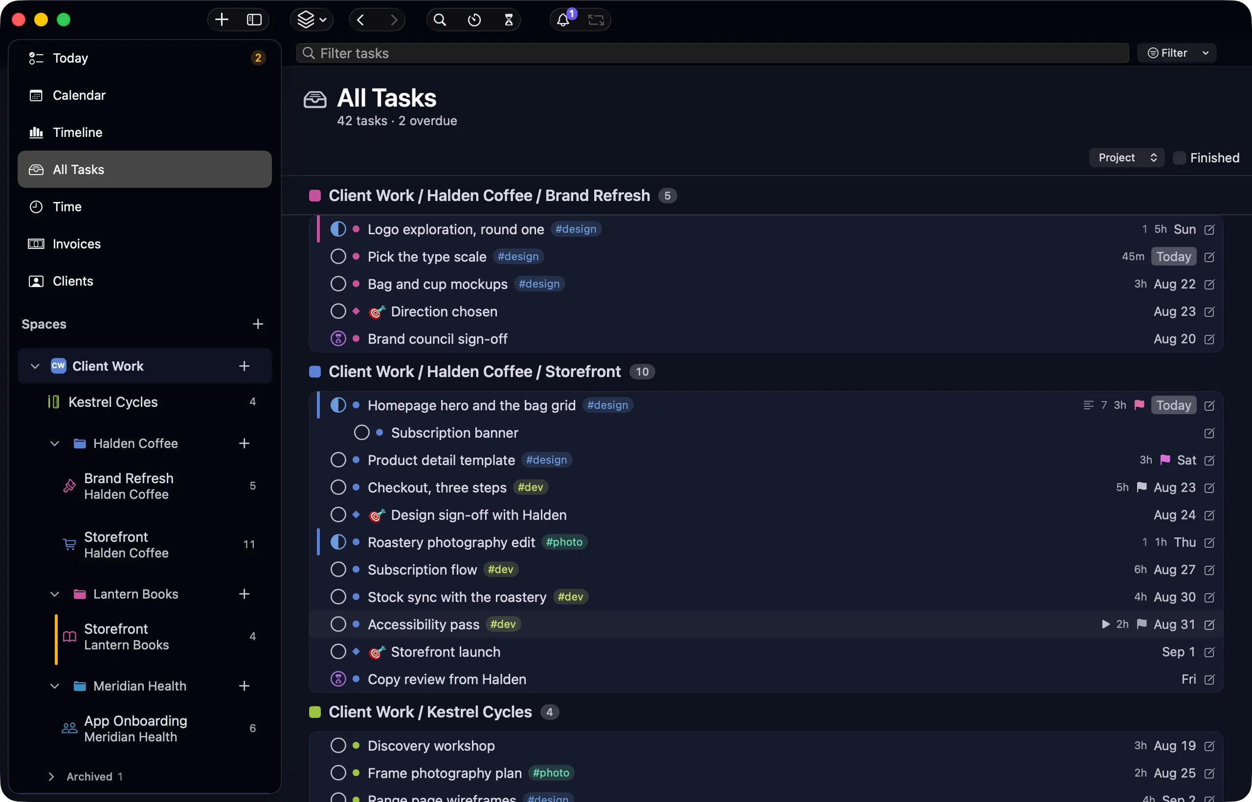 nokko All Tasks view — every task across projects in one list