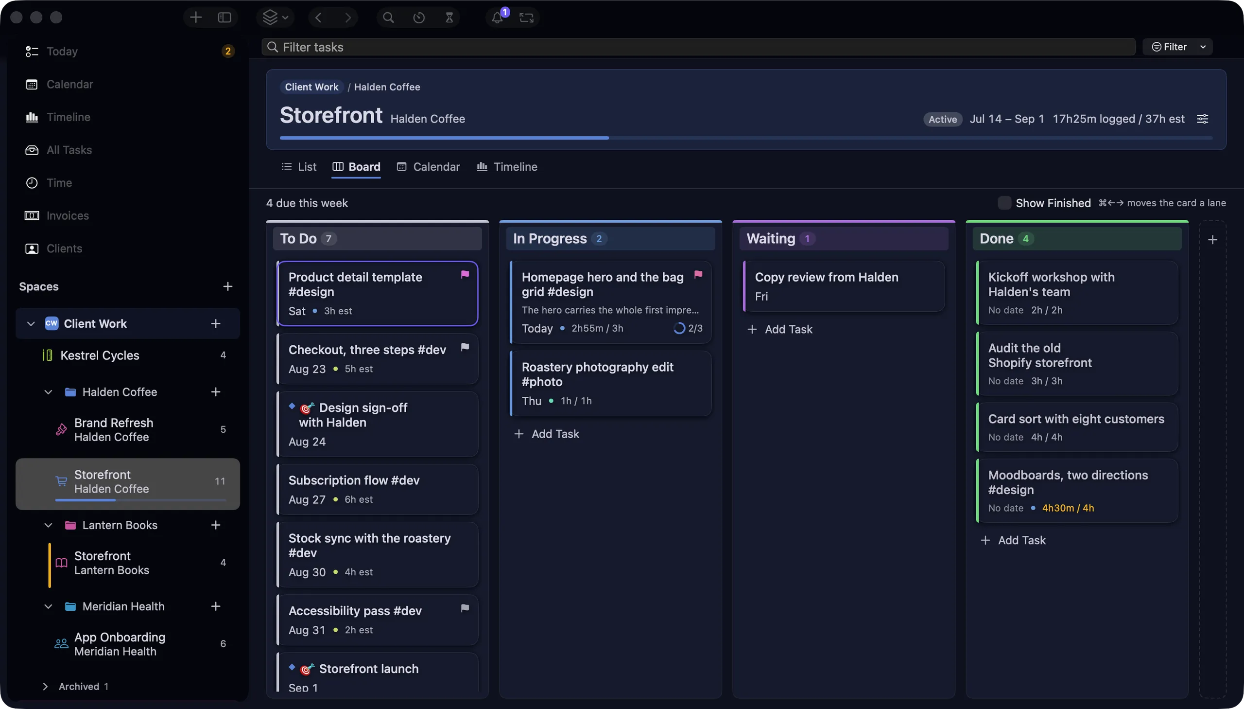 nokko Board view — To Do, In Progress, Waiting and Done columns