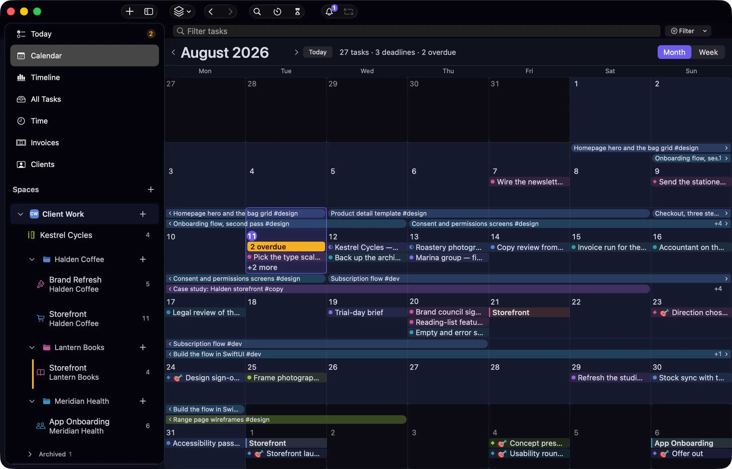 nokko Calendar view — a month grid of tasks