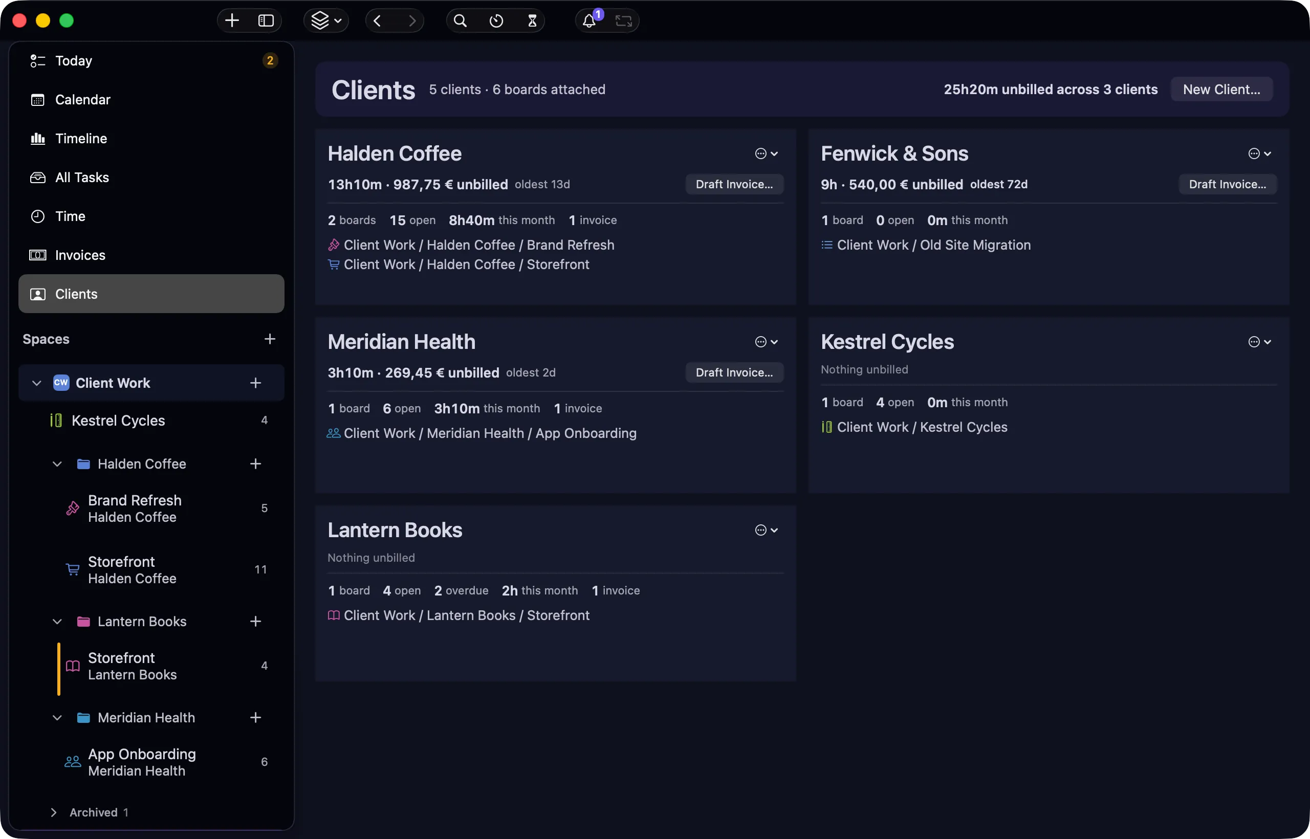 nokko Clients view — client records and their projects