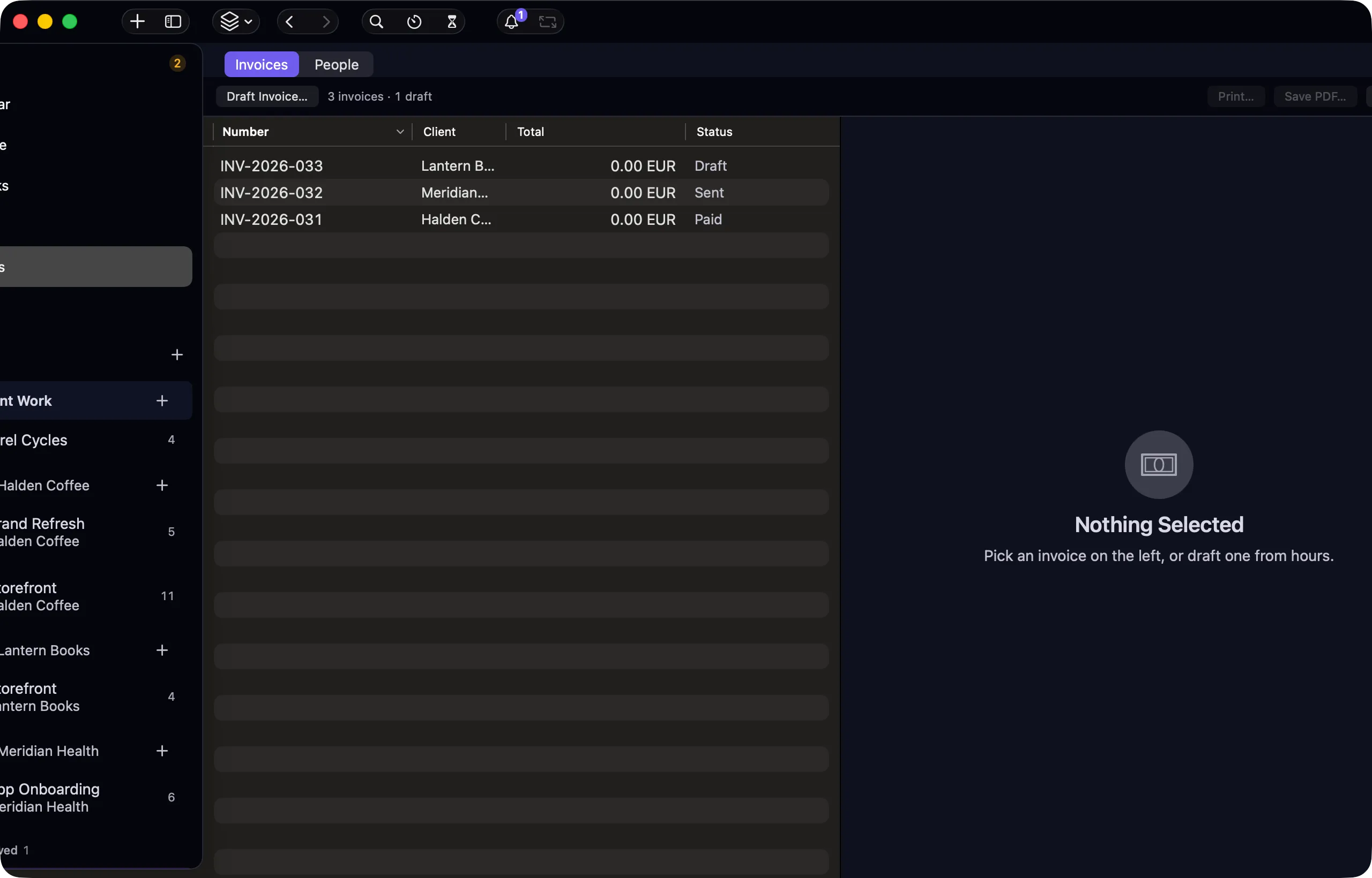nokko Invoices view — invoice list with status per client