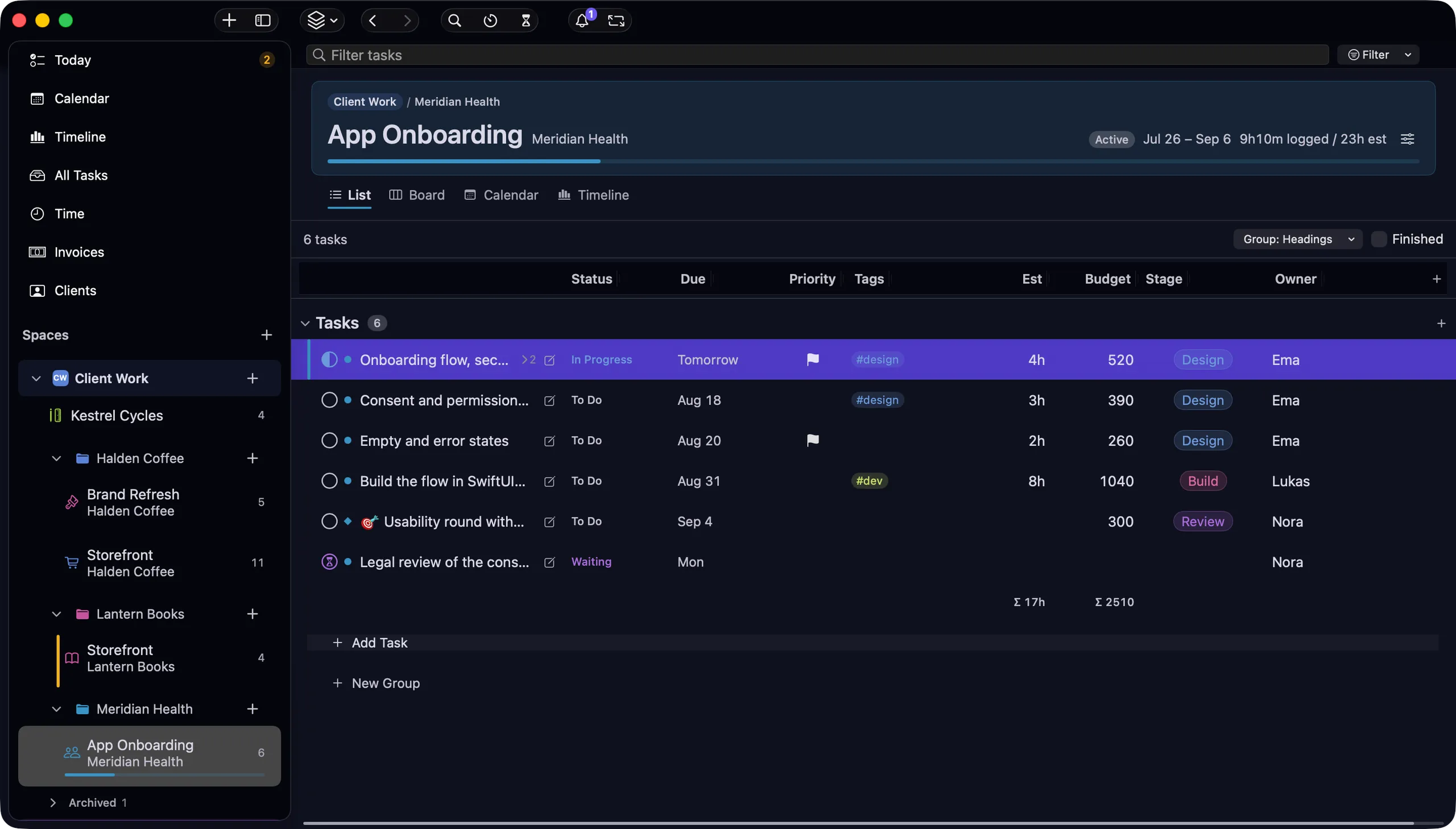 nokko List view — tasks in a table with custom columns