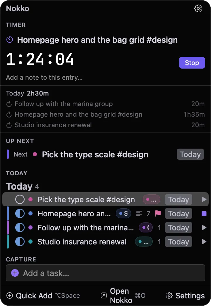 nokko menu bar popover — today's tasks and a running timer, without opening the main window