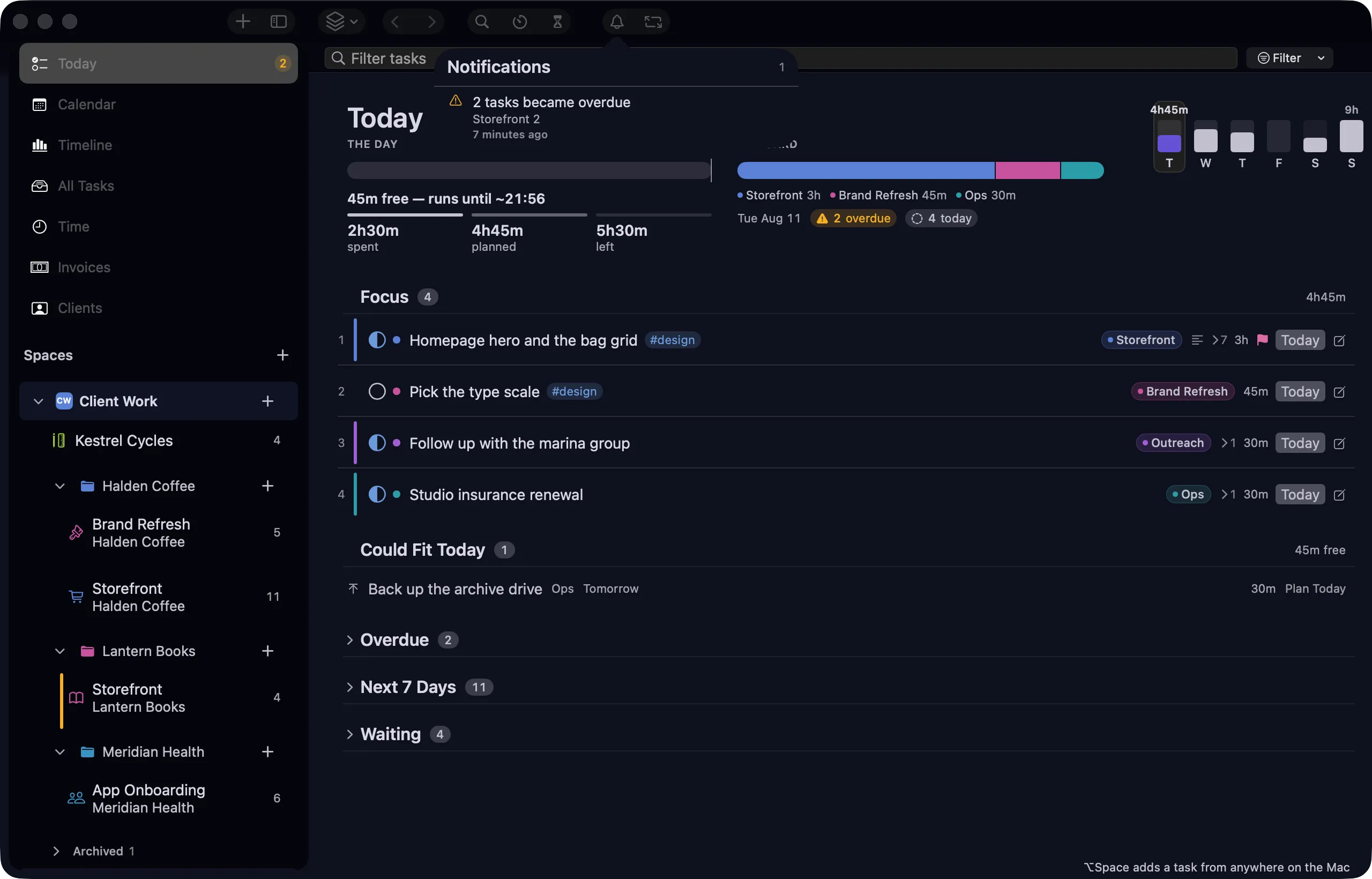 nokko notices popover listing an overdue task