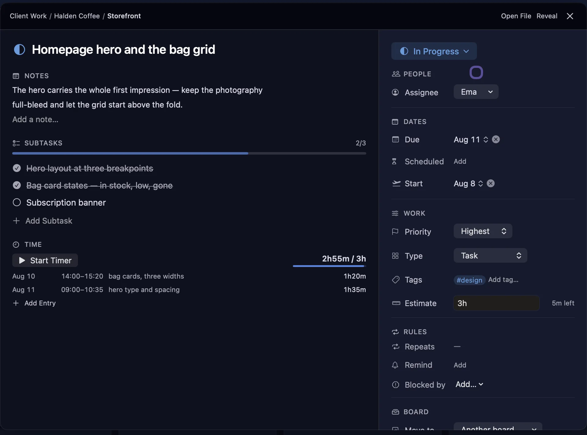 nokko task inspector — notes, subtasks, logged sessions, dates, priority and tags for one task