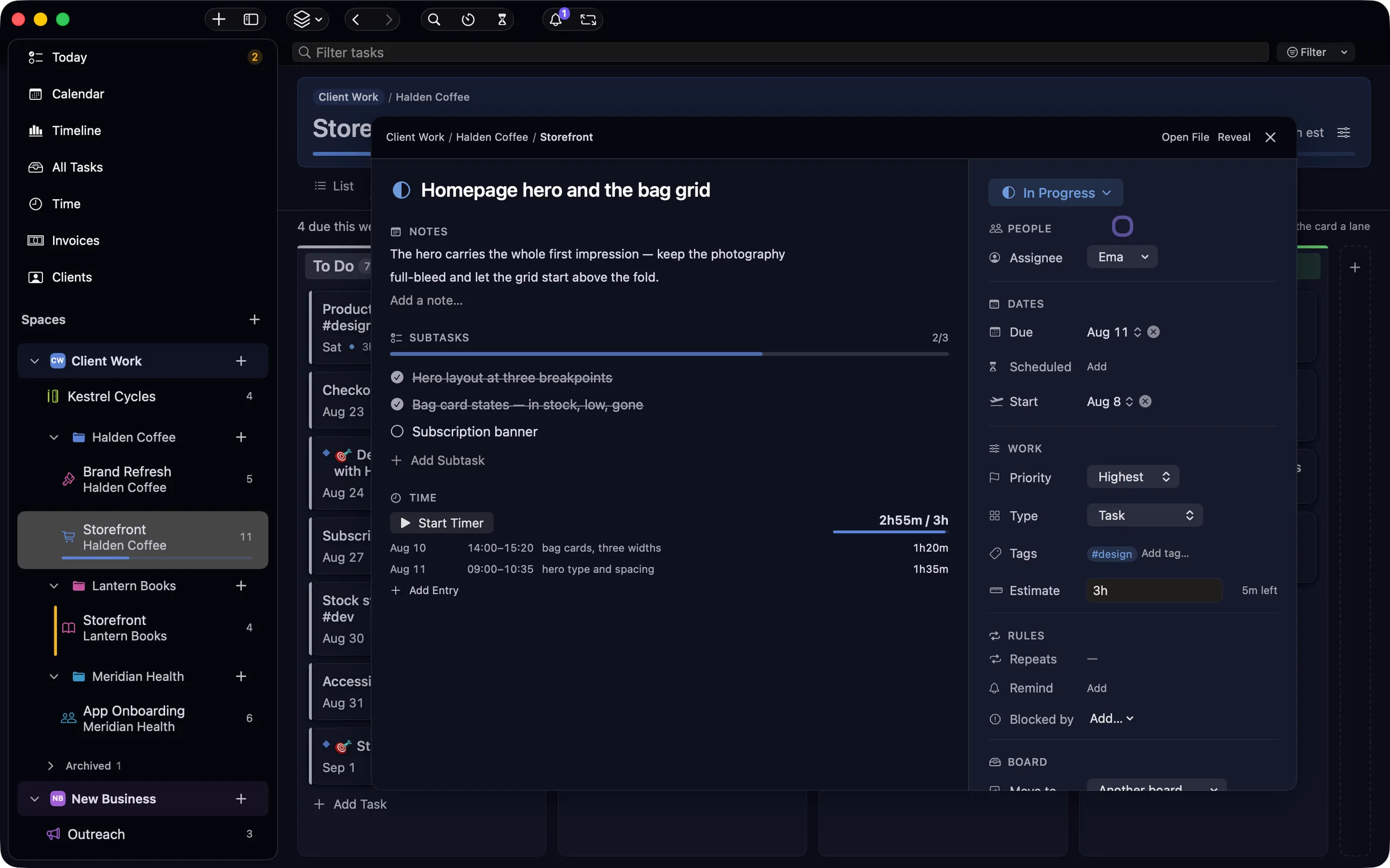 nokko task inspector open over a project board