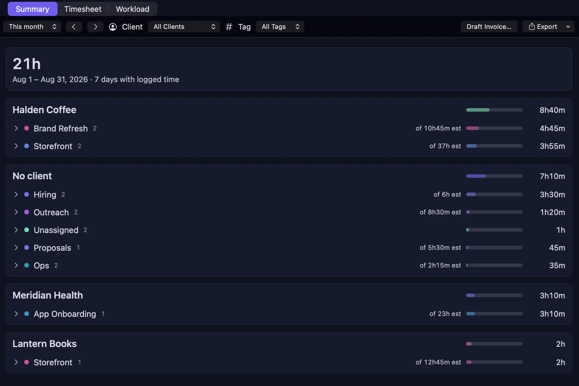 nokko Time view — hours logged this month grouped by client and project, with a Draft Invoice action