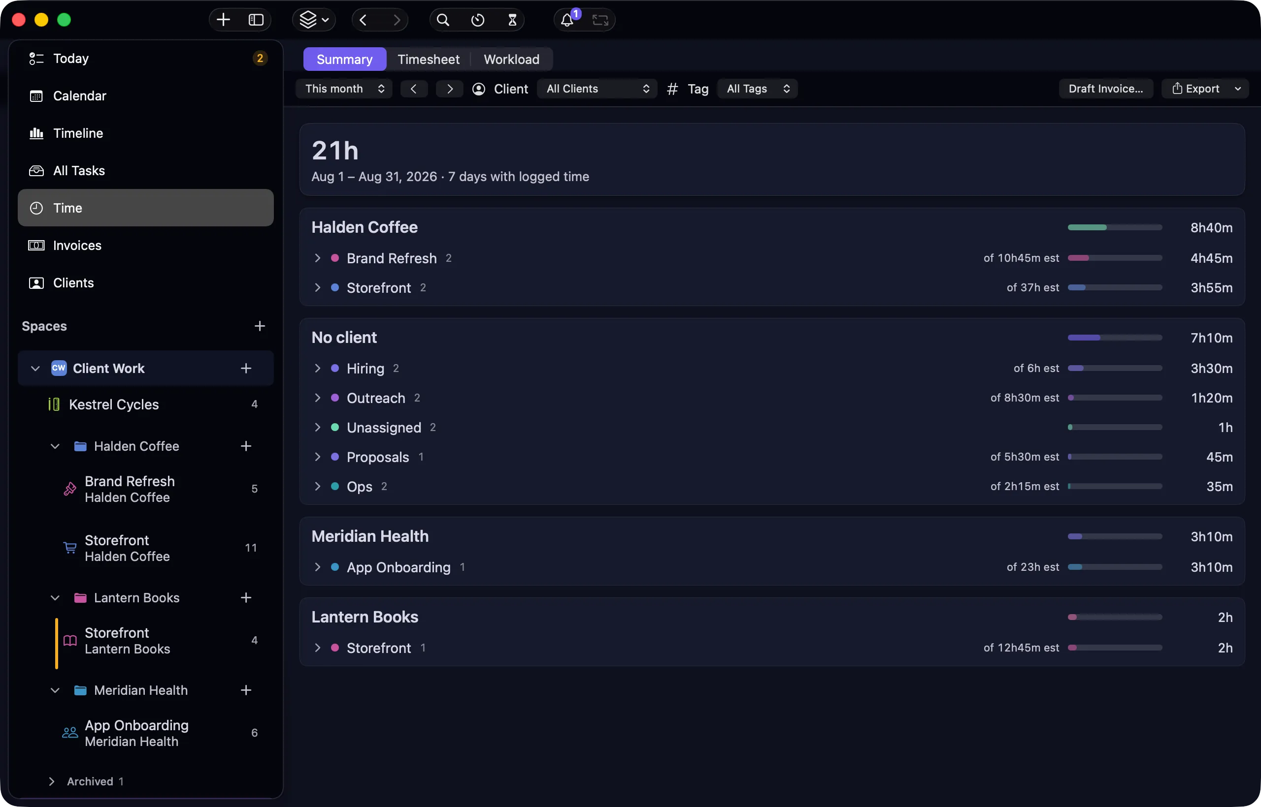 nokko Time view — logged hours grouped by client