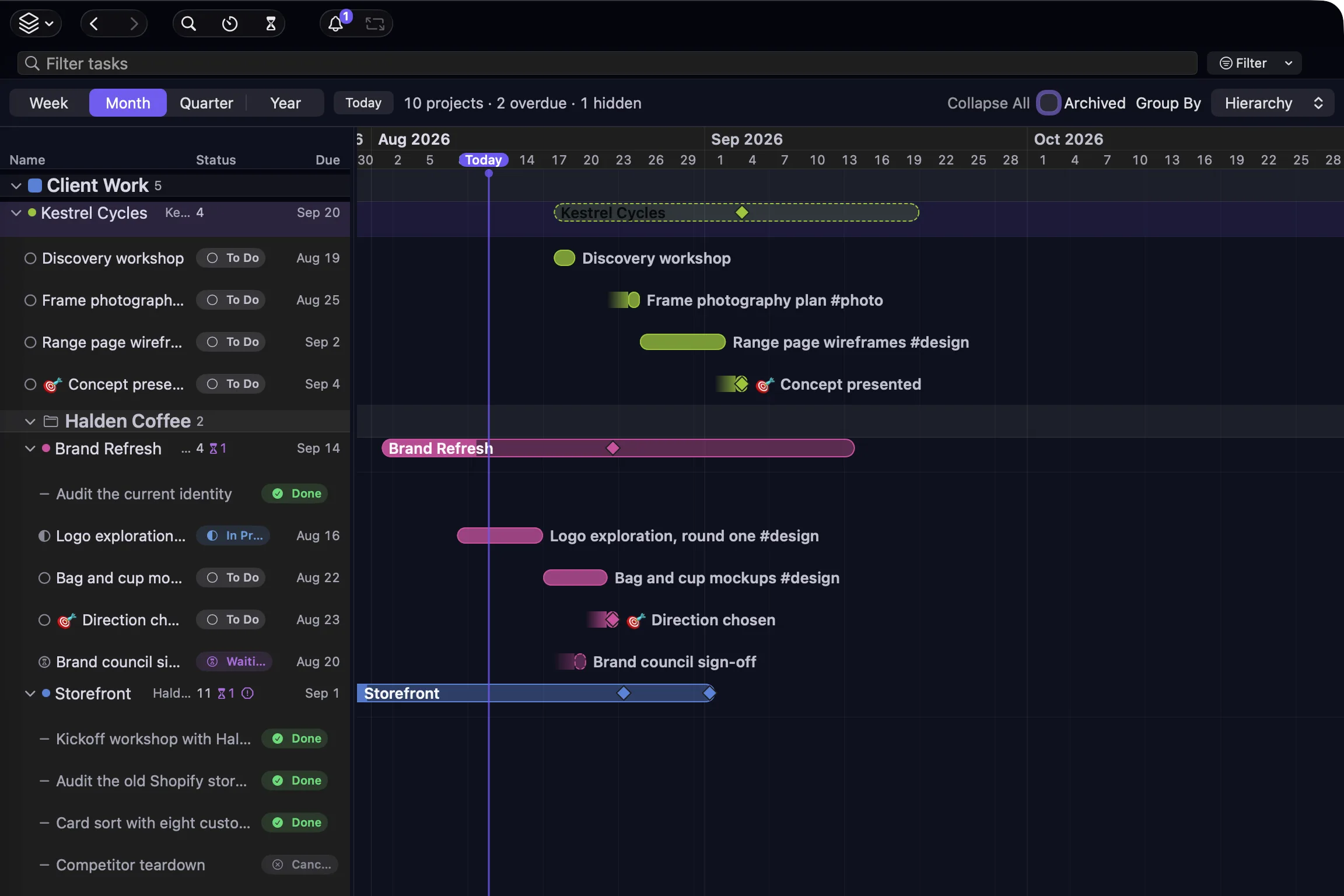 nokko Timeline view — client projects as bars across August to October, with milestones marked