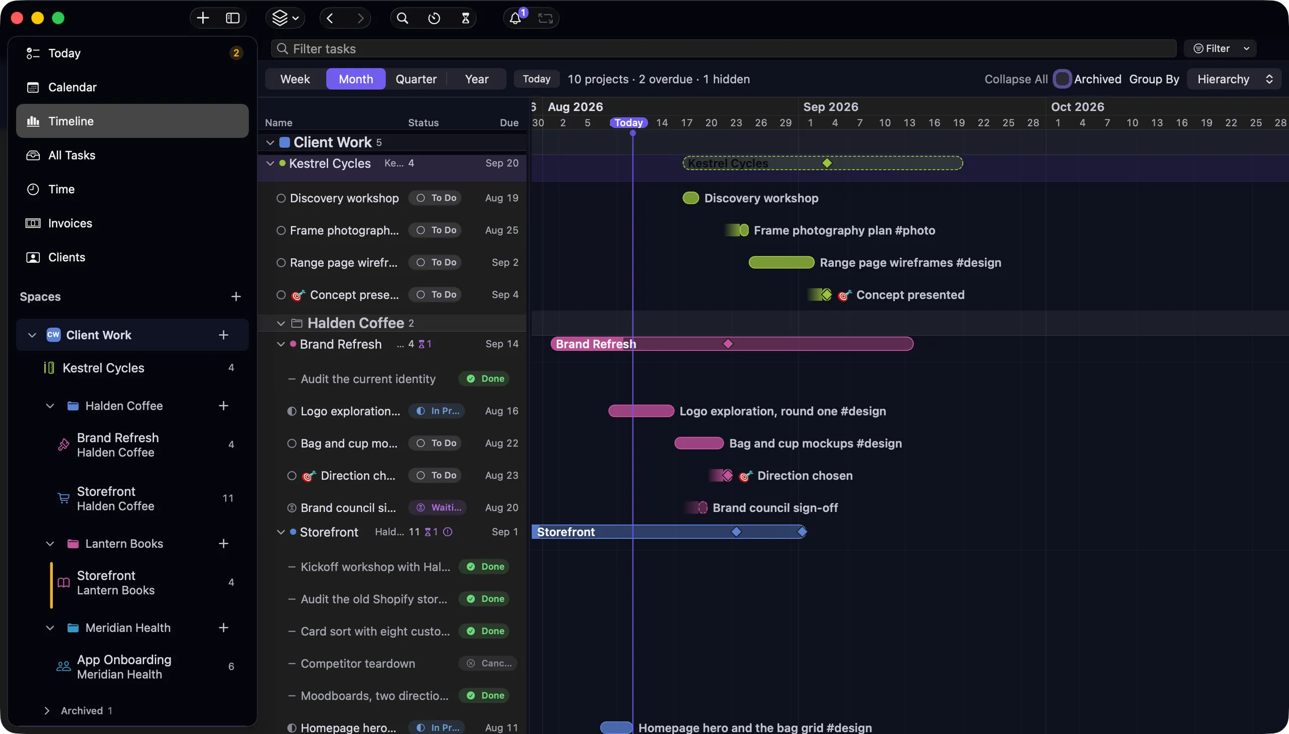 nokko Timeline view — client projects as bars across August to October, with milestones and task rows