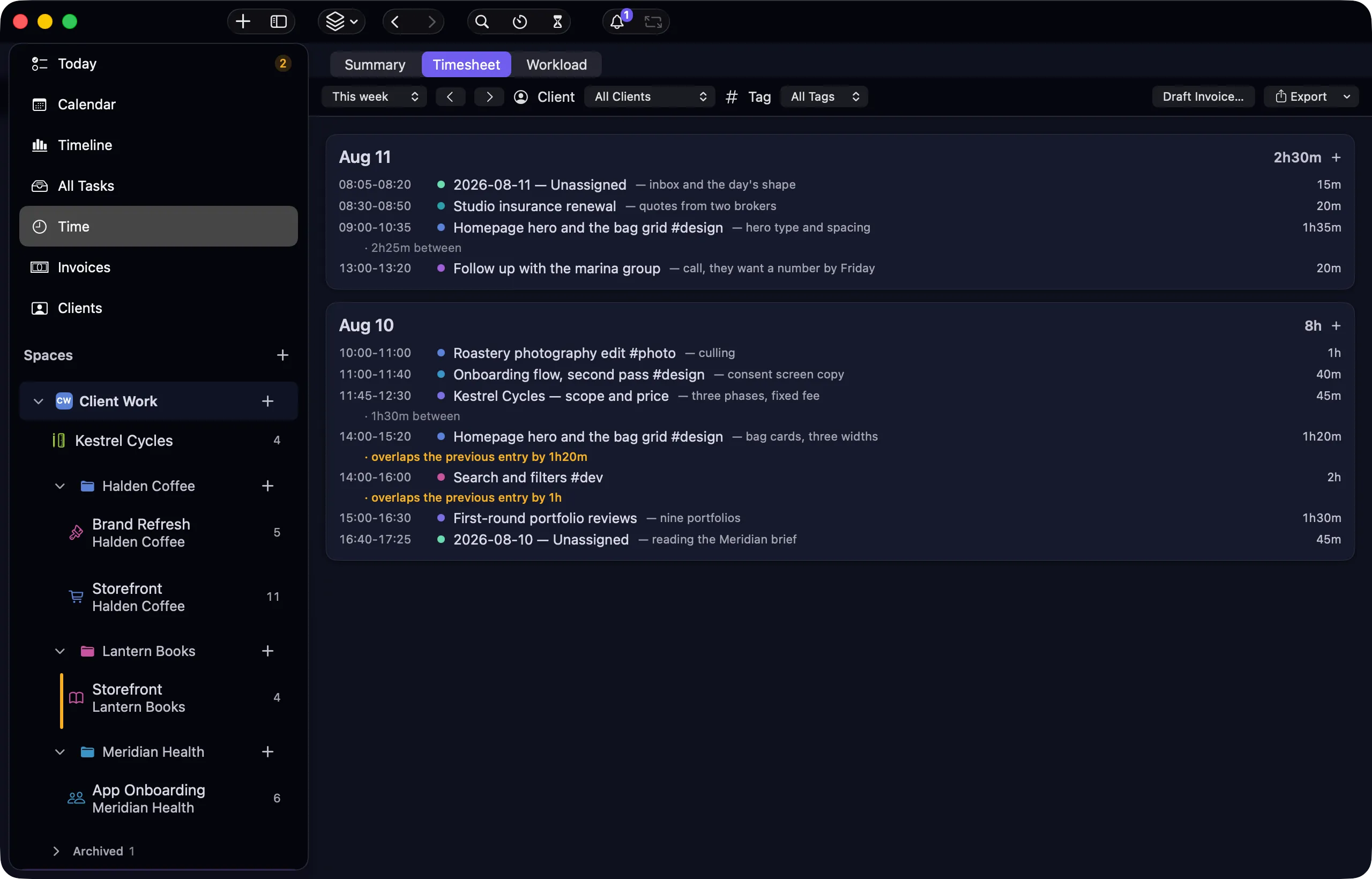 nokko timesheet — logged sessions as day cards