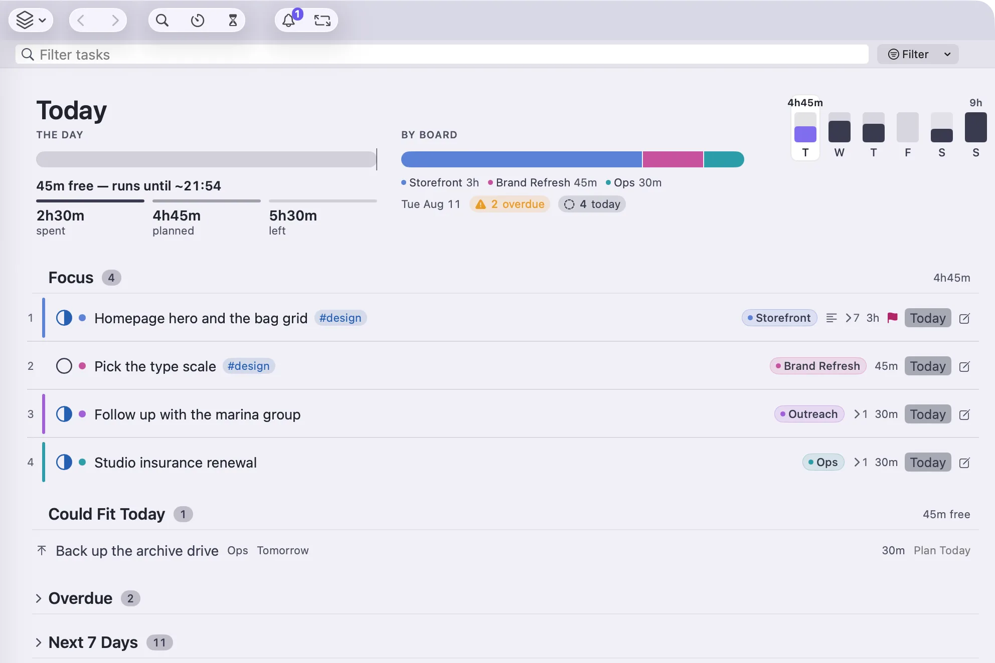 nokko Today view in the light theme, following the Mac's appearance setting