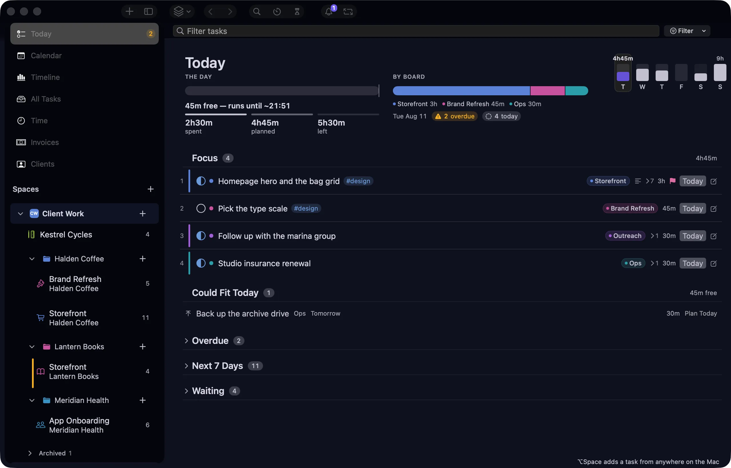 nokko Today view — the day's tasks grouped by project